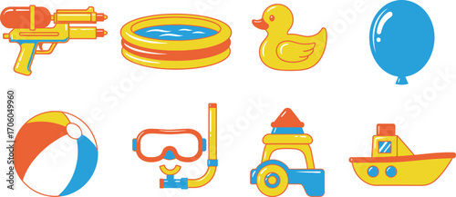 Beach Toys Set with Water Gun, Duck, Snorkel, Balloon and Boat Isolated on White