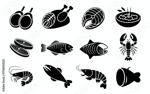 Vector art of assortment of seafood and meat icons