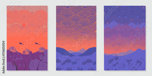 Three vertical panels featuring stylized landscapes with geometric patterns and silhouetted flora and fauna