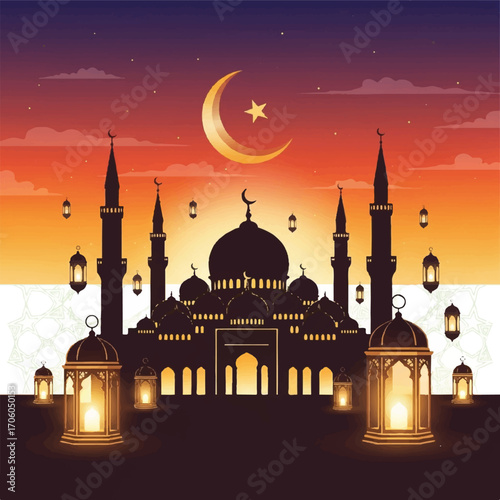 Silhouette of a mosque with minarets and domes against a vibrant orange and purple sunset sky with a crescent moon and lanterns