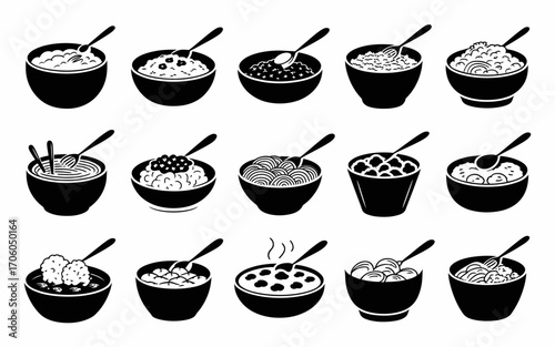 Vector art of various bowls of food with spoons