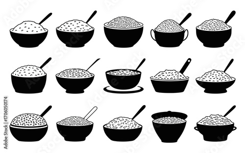 Vector art of collection of rice bowls with spoons
