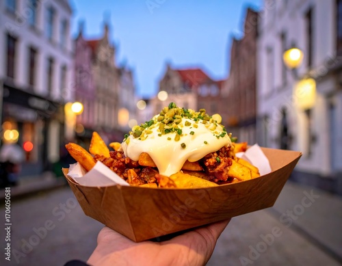 Handheld french fries with creamy sauce