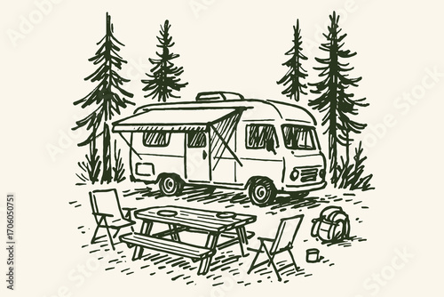 Camper van forest campsite sketch vintage vector illustration