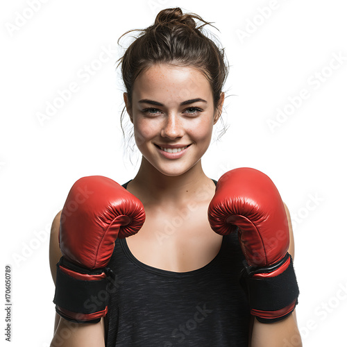 Wallpaper Mural A female boxer smiling with gloves on, ready stance, isolated on white background. Torontodigital.ca