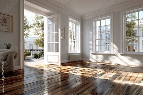 Sunlight illuminates an empty room with large windows and an open door leading to a terrace, showcasing hardwood floors and a glimpse of a sofa