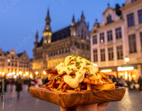 Handheld plate of gourmet fries with creamy sauce against a Belgian city square at twilight