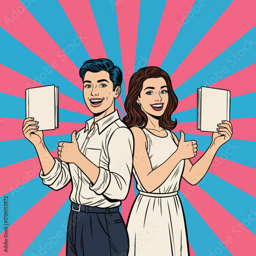 Pop art illustration of a happy couple holding blank books and giving a thumbsup.