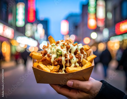 Handheld fries in a paper container, illuminated by streetlights