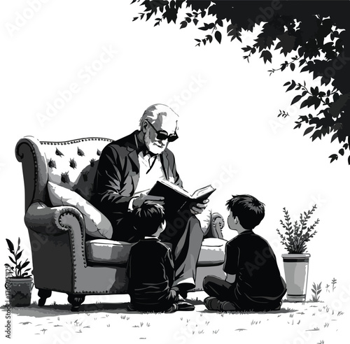 Storytelling Silhouette Vector in Black Featuring Elderly Man Reading to Children Outdoors Under Tree for Family and Education Themes