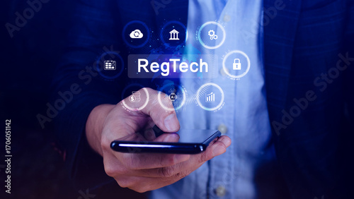 Regtech, Regulatory technology concept, management of regulatory processes with financial industry through technology, Regulatory monitoring, reporting and compliance, Machine learning tech.