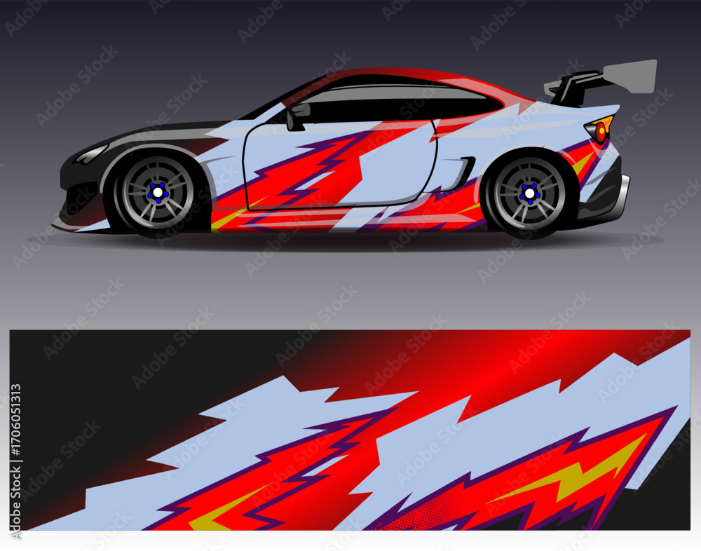 Naklejka premium Car wrap design vector. Graphic abstract stripe racing background designs for vehicle, rally, race, adventure and car racing livery