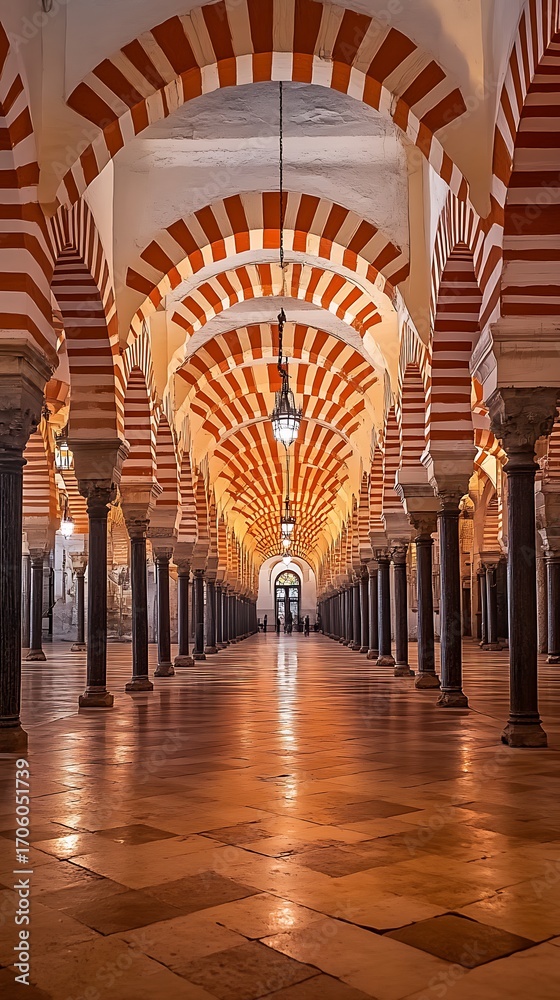 Fototapeta premium MezquitaCathedral of CÃ³rdoba Hallway Perspective with Striped Arches and Ornate Lanterns Interior View
