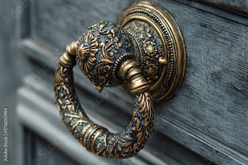 Golden metal door handle with intricate floral and geometric patterns adorning a dark gray wooden door, showcasing craftsmanship and antique charm
