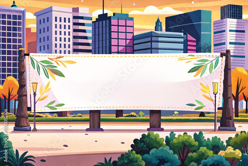 Large white promotional banner in city park with modern buildings, natural mockup background, outdoor placement, creative design, minimal solitude surface, rustic scenic object, environment element