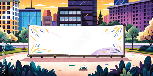 Large white promotional banner in city park with modern buildings, natural mockup background, outdoor placement, creative design, minimal solitude surface, rustic scenic object, environment element