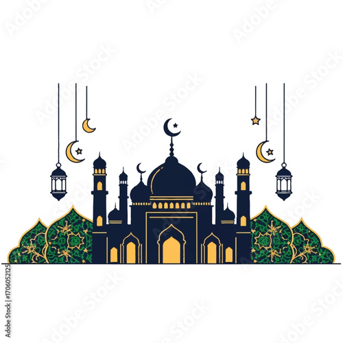 Illustration of a mosque with domes and minarets, adorned with lanterns and crescent moons, set against a white background with green foliage.