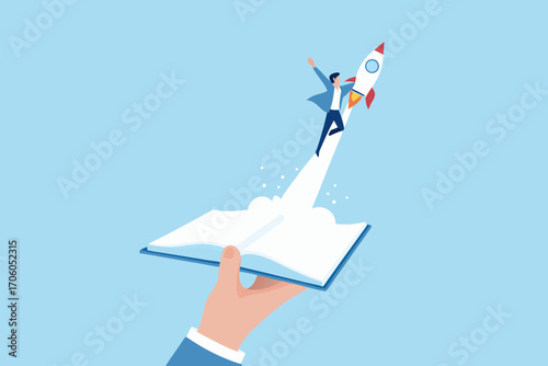 Businessman launching into the sky on a rocket emerging from an open book held by a hand