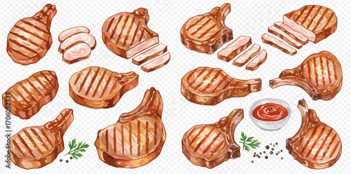 A collection of watercolor illustrations featuring various grilled pork chops, some whole and some sliced, accompanied by fresh parsley, peppercorns, and a bowl of red sauce.