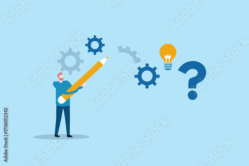 Person with pencil creates idea lightbulb with gears and question mark