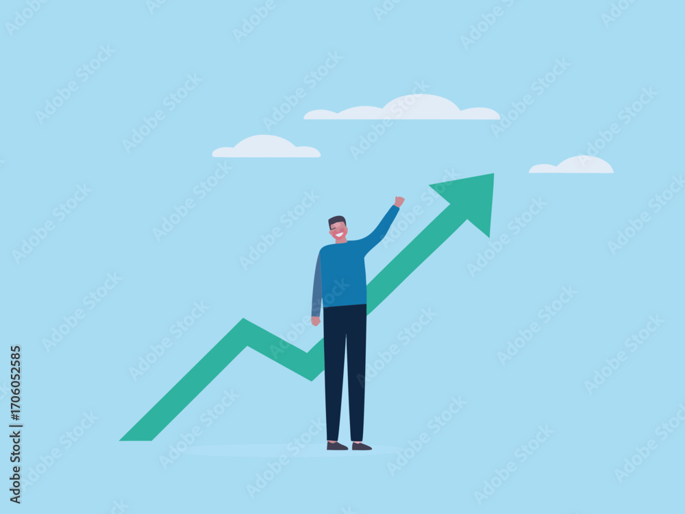 Fototapeta premium Man celebrating success as he stands on a rising green arrow graph against a blue sky with clouds