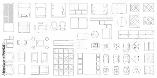 Collection of top down furniture icons and architectural elements for interior design planning and floor layout