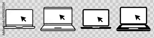 Set of laptop vector icons on differents style with pointer or cursor icon. Notebook screen. Monitor icon for graphic design projects. Computer monitor with blank screen. Display with clicking mouse