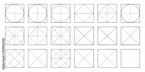 Geometric construction diagrams showing squares circles ovals and diagonal lines in various combinations