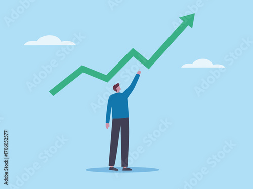 Man reaching for a rising green arrow graph indicating business growth and success