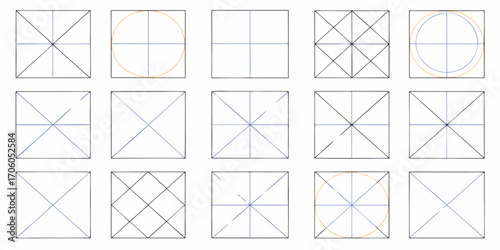 Collection of geometric construction diagrams with squares circles and intersecting lines for design and education