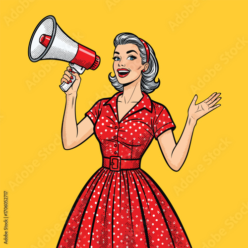 Pop art illustration of a retro woman in a red polka dot dress making an announcement with a megaphone.