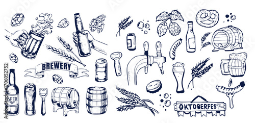 Beer brewery icons collection. Glasses, bottle, barrel hand drawn elements for pub, bar menu. Vector sketch illustration