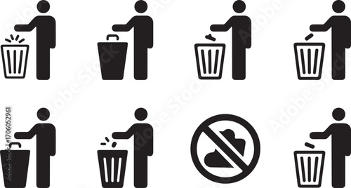 Icons Representing Proper Waste Disposal and Anti-Littering Campaign For Environmental Conservation and Promotion of Cleanliness in Public Spaces