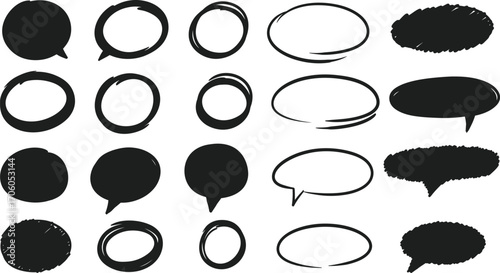 speech bubbles in various shapes and sizes scattered across white background
