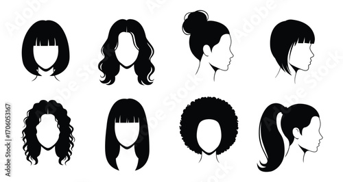 Various women hairstyles silhouettes with transparent background