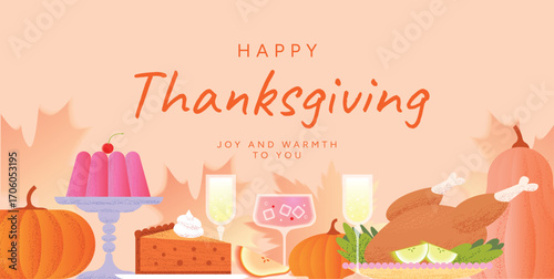 Happy Thanksgiving holiday table with roasted Turkey, Pumpkin pie with cream, Jelly dessert, Pumpkins, Cocktails and Champagne glasses. Autumn harvest celebration food composition. Vector illustration