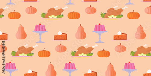 Seamless pattern with roasted Turkey, Pumpkin pie with cream, Jelly dessert, Pumpkins, Squash. Thanksgiving holiday food, harvest vegetable design for textile, wrapping, wallpaper. Vector illustration