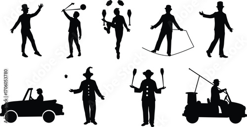 Circus performer silhouettes with juggling, clown, tightrope walker, car driver, vintage entertainment, circus acts, carnival show, street performer, classic circus art.