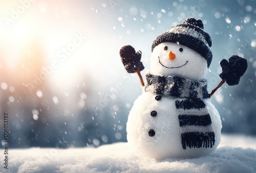 Cheerful snowman in a snowy landscape, with hat, scarf, and mittens, basking in the soft sunlight amidst falling snow
