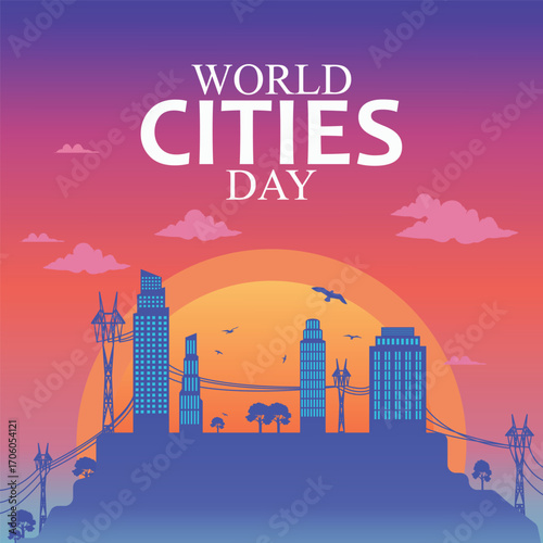 World Cities Day Urban Skyline Poster with Sunset.