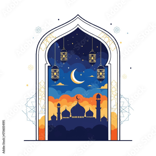 Illustration of a mosque at sunset through an arched doorway with hanging lanterns and a crescent moon in a vibrant night sky.