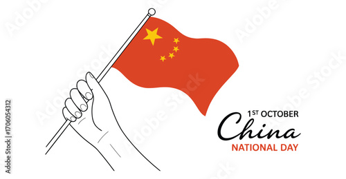 china national day illustration with hand holding red flag, five yellow stars, and bold text commemorating october 1st patriotic celebration