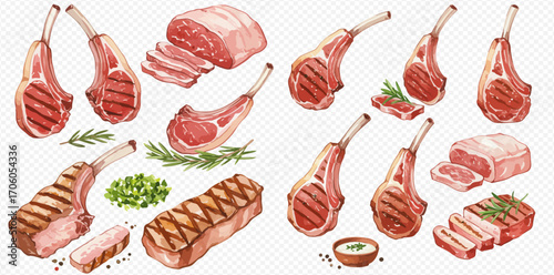 Watercolor illustration set showcasing various cuts of raw and grilled red meat, including lamb chops, steaks, and roasts, accompanied by fresh rosemary and spices.
