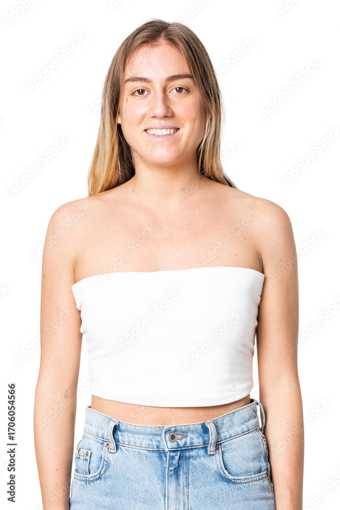 Fototapeta premium Woman png mockup in white bandeau top and shorts streetwear apparel