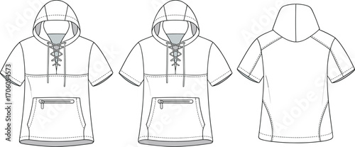 Short sleeve lace-up hoodie illustration, front and back view, casual streetwear, zipper pocket, sporty pullover, comfortable summer clothing, drawstring hood, unisex design