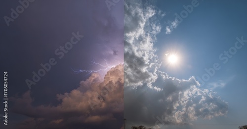 Juxtaposition A dark, stormy sky with a lightning strike contrasts with a sunny, bright blue sky filled with fluffy white clouds