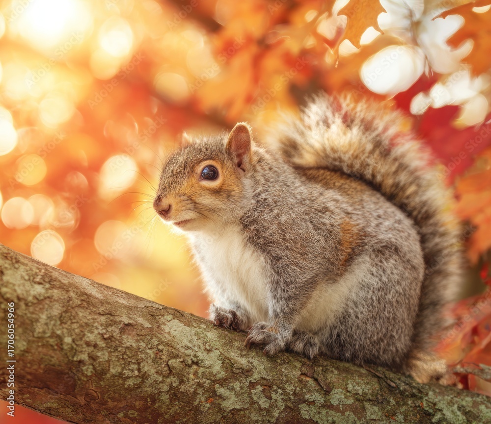 Fototapeta premium A grey squirrel perches on a rough branch amidst a backdrop of vibrant autumn foliage, bathed in warm, dappled sunlight creating a bokeh effect