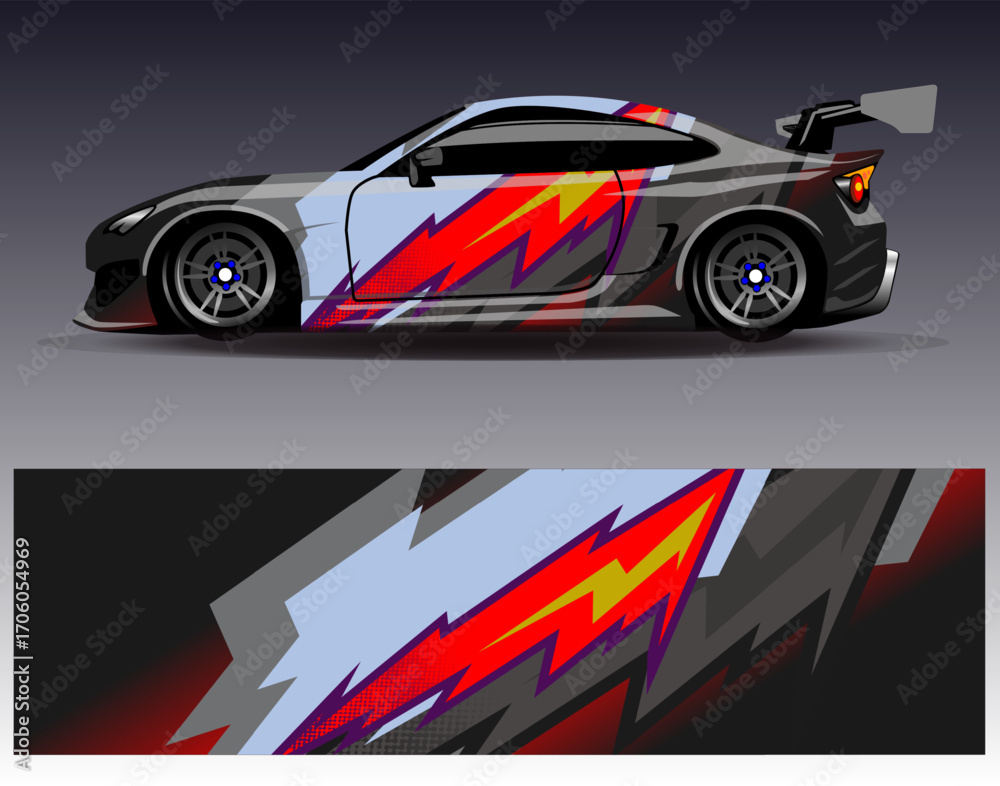 Obraz premium Car wrap design vector. Graphic abstract stripe racing background designs for vehicle, rally, race, adventure and car racing livery