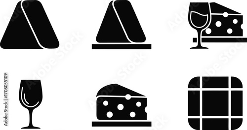 Cheese and Wine Icon Set with Triangle Wedge and Glass on Transparent