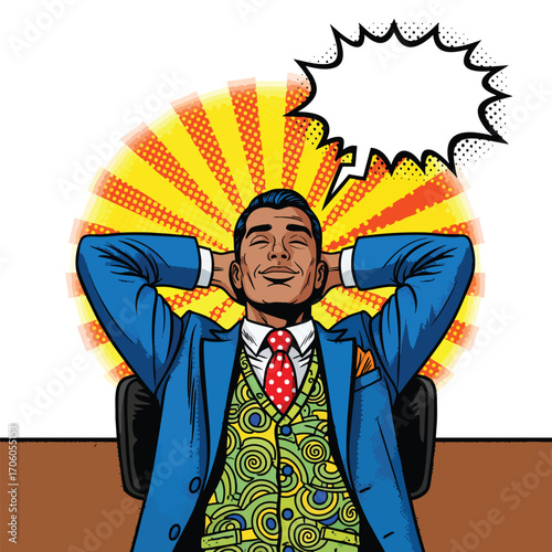 Pop art illustration of a successful Black businessman relaxing and dreaming in his office chair.